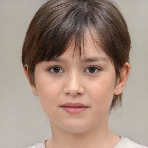 Joyful white child female with medium  brown hair and brown eyes