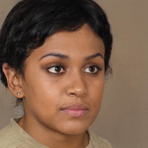 Neutral asian young-adult female with short  brown hair and brown eyes