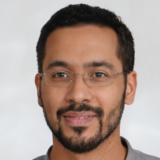 Neutral latino young-adult male with short  black hair and brown eyes
