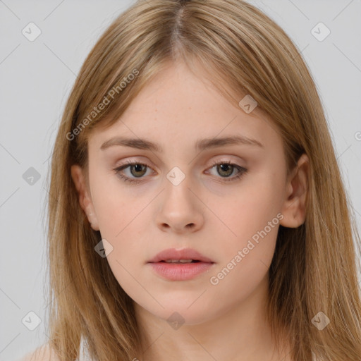 Neutral white young-adult female with long  brown hair and brown eyes