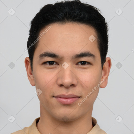 Joyful latino young-adult male with short  brown hair and brown eyes