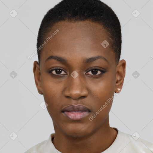 Neutral black young-adult female with short  black hair and brown eyes