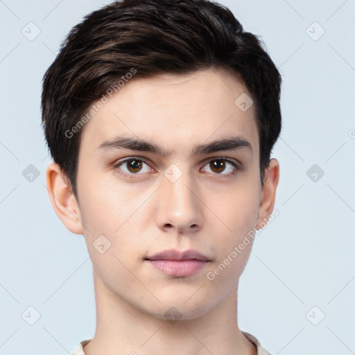 Neutral white young-adult male with short  brown hair and brown eyes