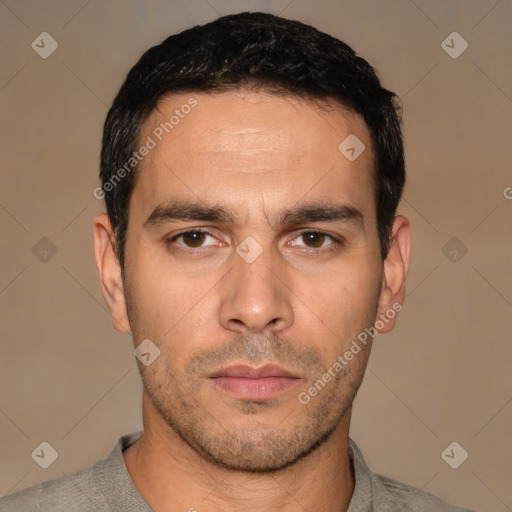 Neutral white young-adult male with short  black hair and brown eyes