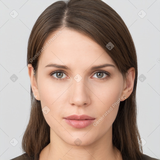 Neutral white young-adult female with long  brown hair and brown eyes