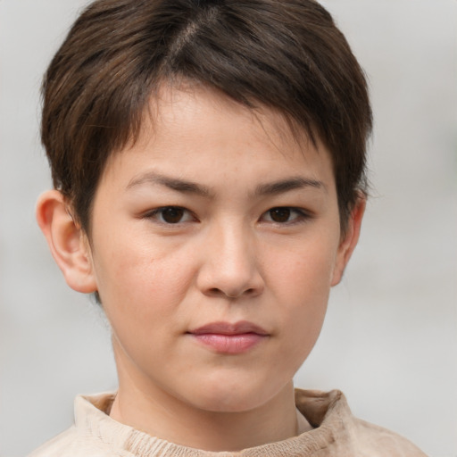 Neutral white young-adult female with short  brown hair and brown eyes