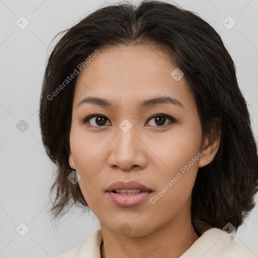 Neutral white young-adult female with medium  brown hair and brown eyes