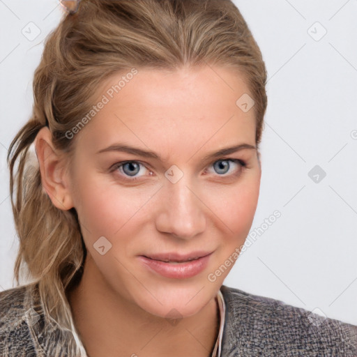 Joyful white young-adult female with medium  brown hair and blue eyes