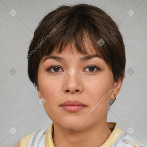 Neutral white young-adult female with short  brown hair and brown eyes