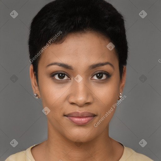 Joyful latino young-adult female with short  black hair and brown eyes