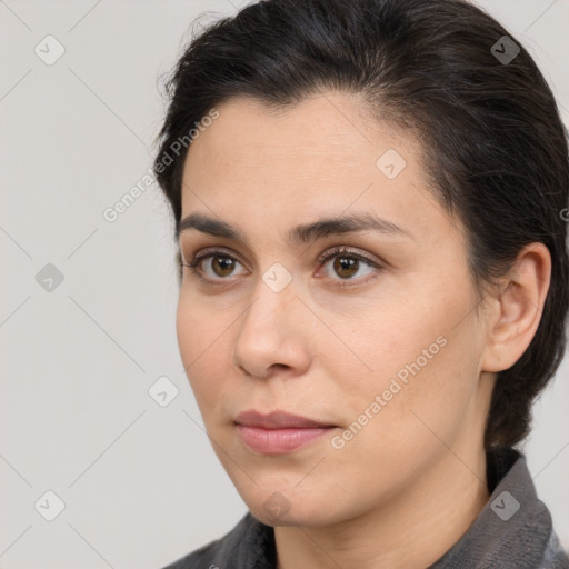 Neutral white young-adult female with medium  brown hair and brown eyes