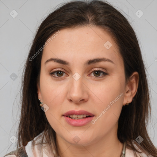 Joyful white young-adult female with medium  brown hair and brown eyes