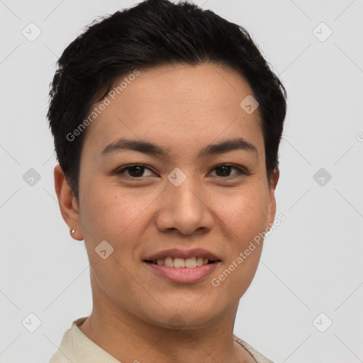 Joyful white young-adult female with short  brown hair and brown eyes