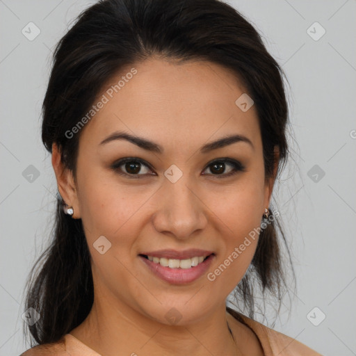 Joyful latino young-adult female with medium  brown hair and brown eyes