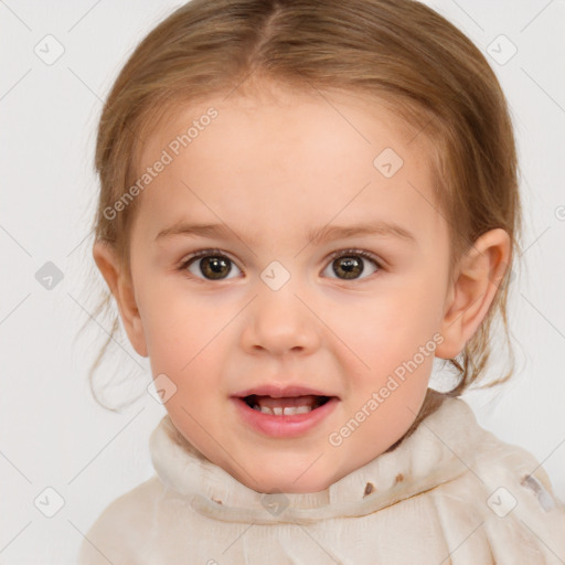 Joyful white child female with medium  brown hair and brown eyes