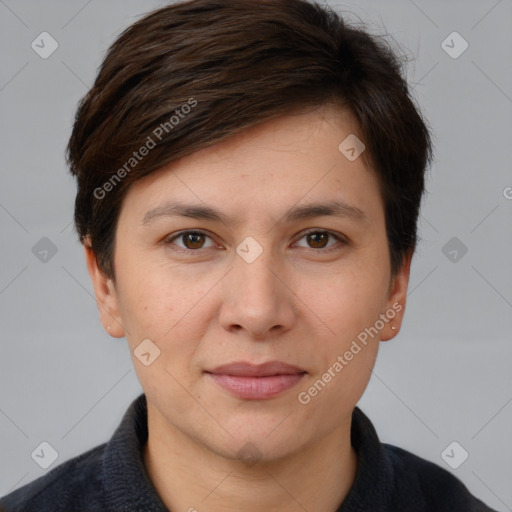 Joyful white young-adult female with short  brown hair and brown eyes