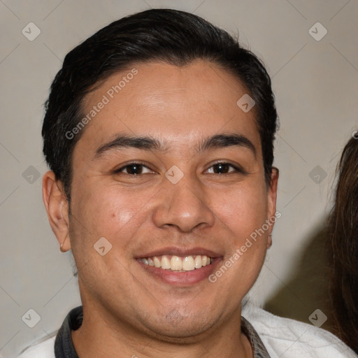 Joyful white adult male with short  brown hair and brown eyes