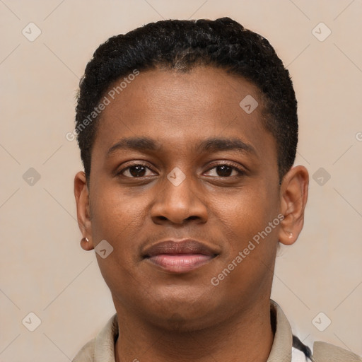 Neutral black young-adult male with short  black hair and brown eyes