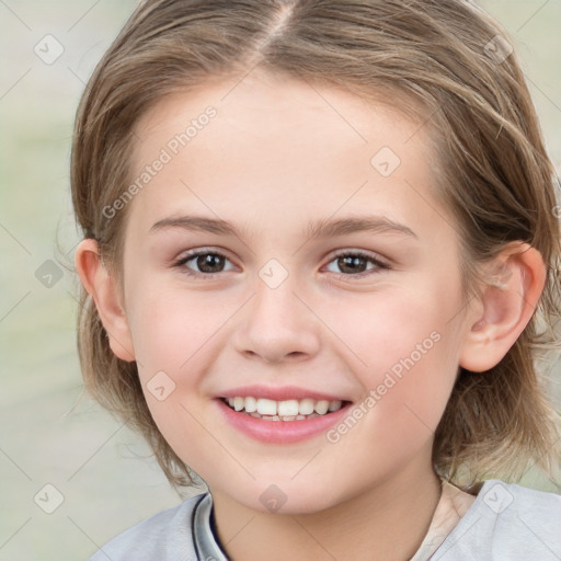 Joyful white child female with medium  brown hair and brown eyes