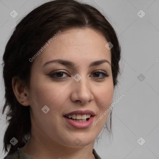 Joyful white young-adult female with long  brown hair and brown eyes