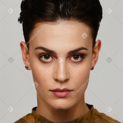 Neutral white young-adult female with short  brown hair and brown eyes