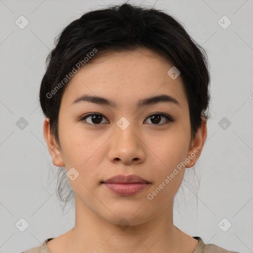 Neutral asian young-adult female with medium  brown hair and brown eyes