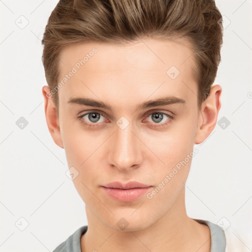 Neutral white young-adult male with short  brown hair and brown eyes