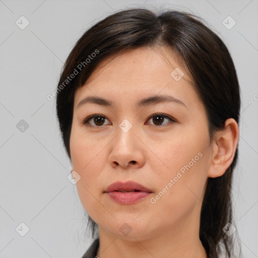 Neutral white young-adult female with medium  brown hair and brown eyes