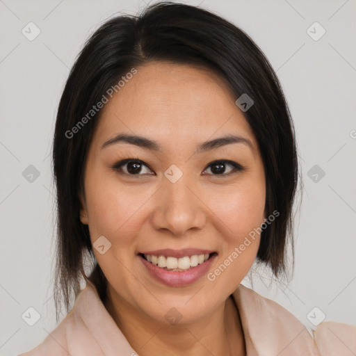 Joyful latino young-adult female with medium  brown hair and brown eyes