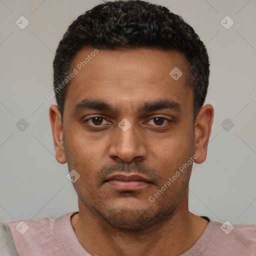 Neutral latino young-adult male with short  black hair and brown eyes