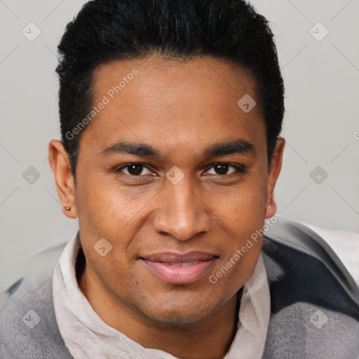 Joyful black young-adult male with short  brown hair and brown eyes