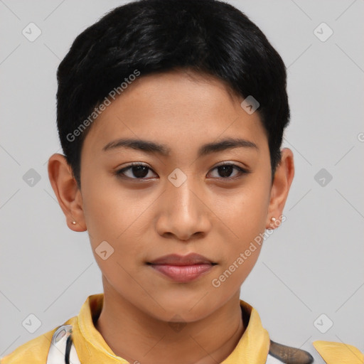 Joyful asian young-adult female with short  black hair and brown eyes