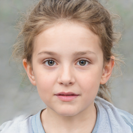 Joyful white child female with medium  brown hair and grey eyes