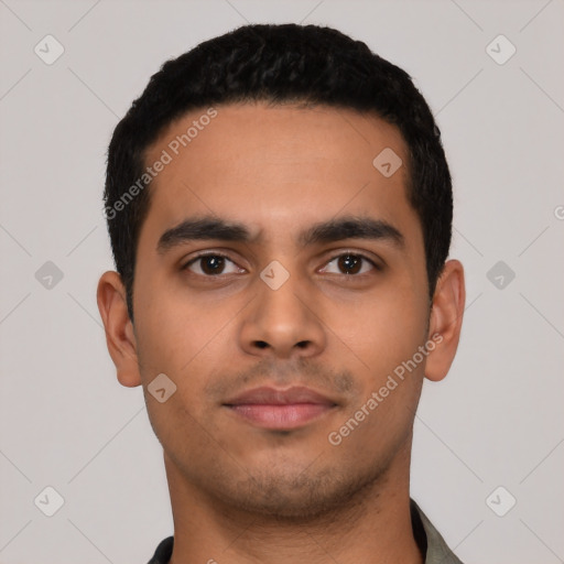 Neutral latino young-adult male with short  black hair and brown eyes