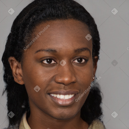 Joyful black young-adult female with medium  brown hair and brown eyes