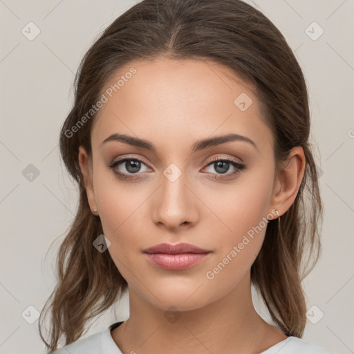 Neutral white young-adult female with medium  brown hair and brown eyes