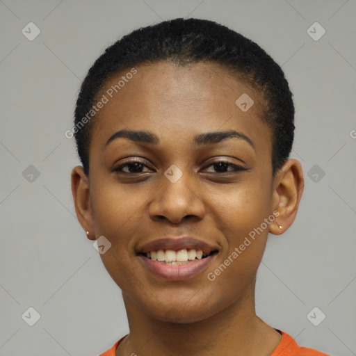 Joyful black young-adult female with short  black hair and brown eyes