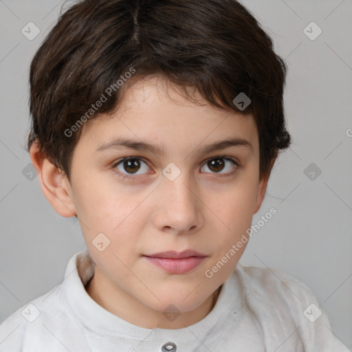 Joyful white child female with short  brown hair and brown eyes