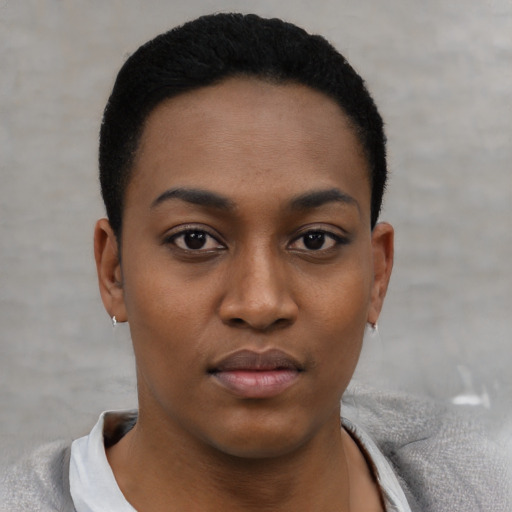 Neutral black young-adult female with short  black hair and brown eyes