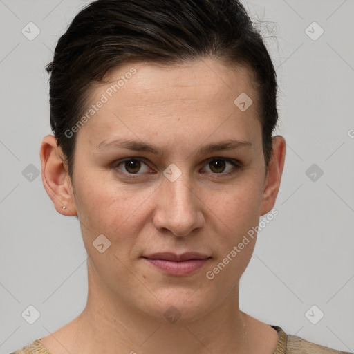 Joyful white young-adult female with short  brown hair and brown eyes