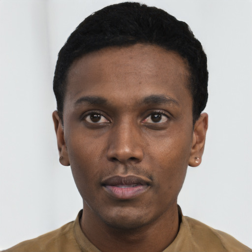 Neutral black young-adult male with short  black hair and brown eyes