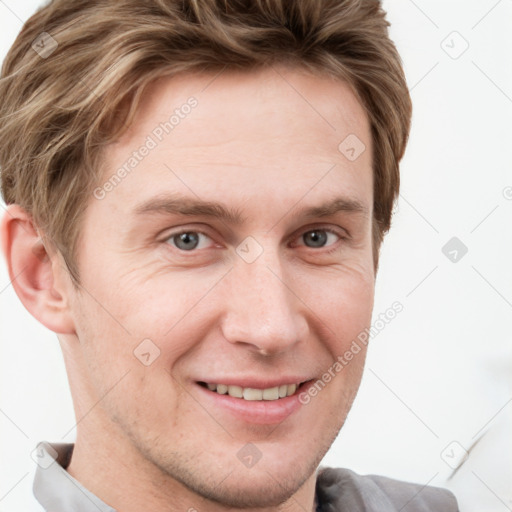 Joyful white adult male with short  brown hair and grey eyes