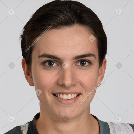 Joyful white young-adult female with short  brown hair and brown eyes