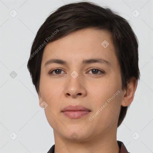 Neutral white young-adult female with short  brown hair and brown eyes