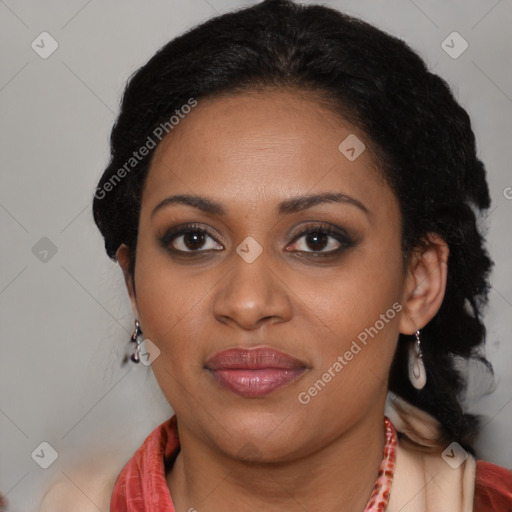 Joyful black young-adult female with medium  brown hair and brown eyes