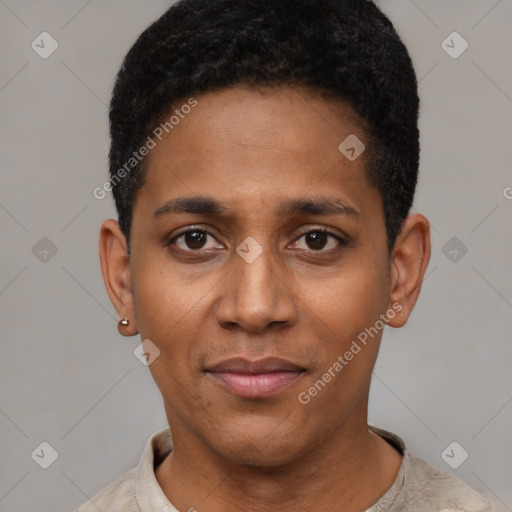 Joyful black young-adult male with short  black hair and brown eyes