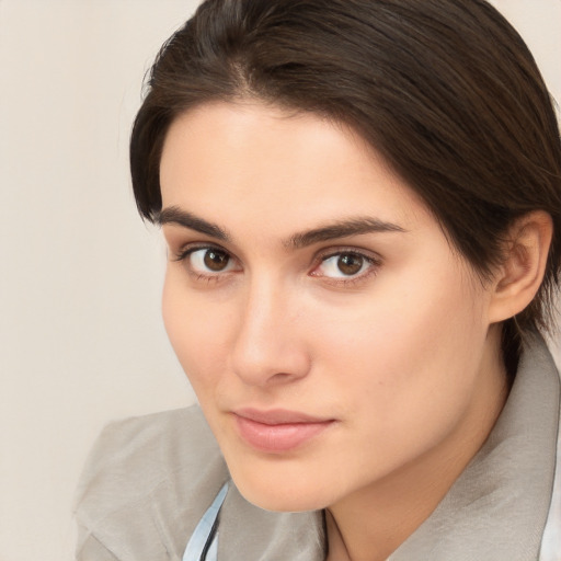 Neutral white young-adult female with medium  brown hair and brown eyes