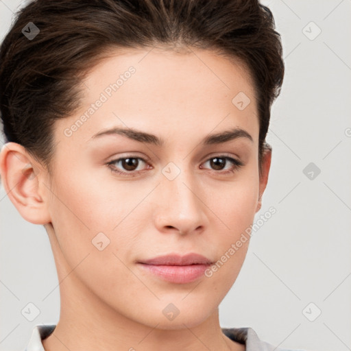 Neutral white young-adult female with short  brown hair and brown eyes