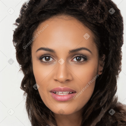 Joyful latino young-adult female with long  brown hair and brown eyes