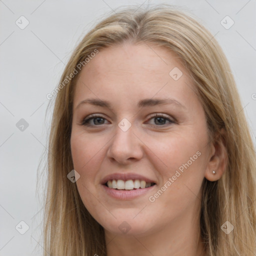 Joyful white young-adult female with long  brown hair and grey eyes